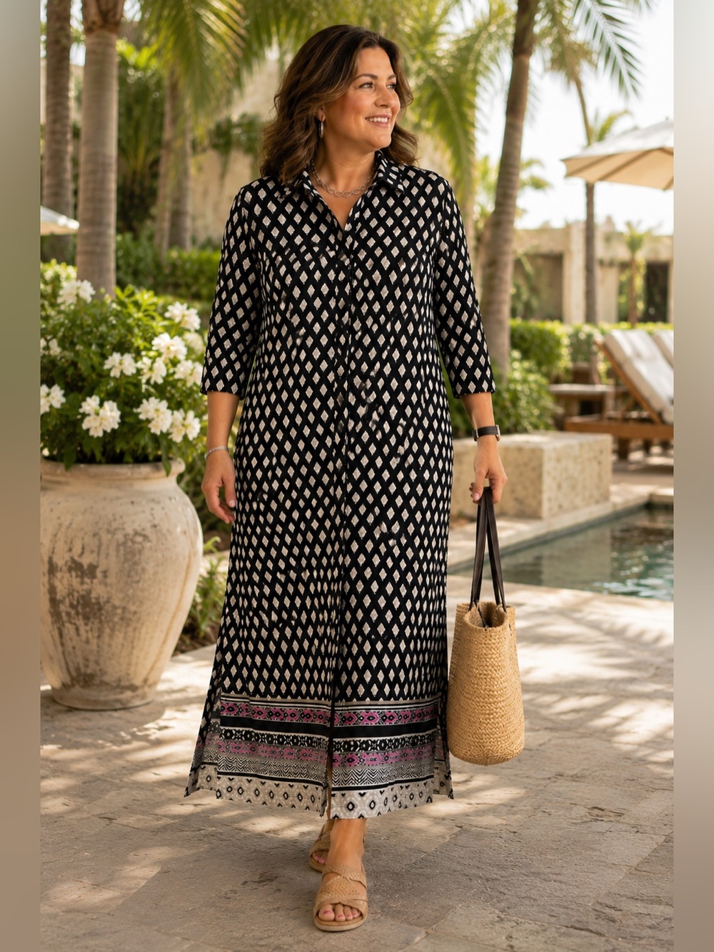 Chico’s Travelers Black Geometric Print Maxi Shirt Dress  Size 3 XL